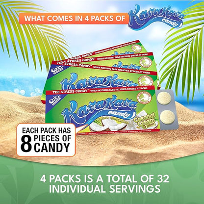 Ozia Originals Kava Kava Candy - 8 Kava Candies Per Pack, Kava Extract Stress Relief Supplement, Natural Kava Root Chill Happy Pill, Encourages Positive Mood - Coconut Cream Flavor, 4 Packs