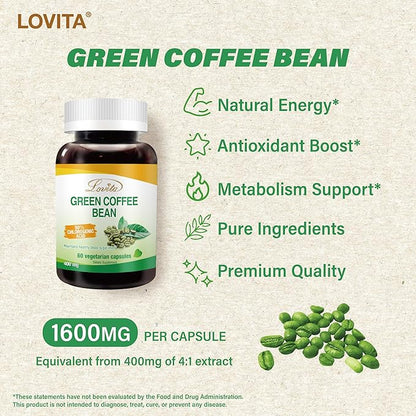 Lovita Green Coffee Bean Extract: Natural Antioxidant, High Potency, 50% Chlorogenic Acid, Vegan-Friendly Dietary Supplement - 60 Capsules