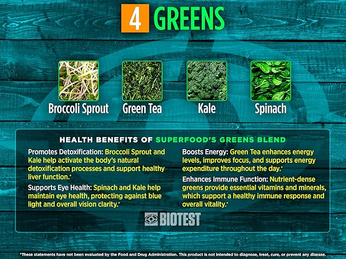 Biotest Superfood Powder Blend of 18 Whole Food Berries, Fruits, and Vegetables - Healthy Polyphenols, Antioxidants, Vitamins, Minerals - 60 Day Supply - 150 g