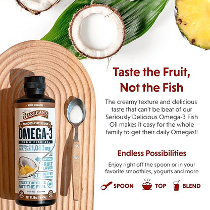 Barlean's Omega 3 Fish Oil Liquid Supplement with Vitamin D, Pina Colada, 1080mg EPA and DHA Fatty Acid, 16 oz