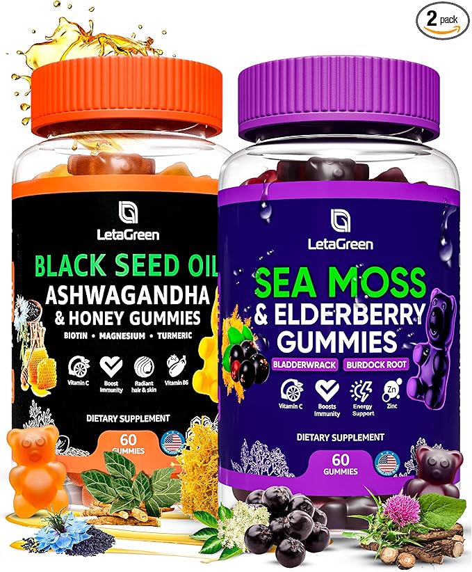 Irish Sea Moss and Black Seed Oil Gummies Bundle – 120 Vegan Gummies Bears - Elderberry for Kids & Adults - Nigella Sativa with Ashwagandha & Honey