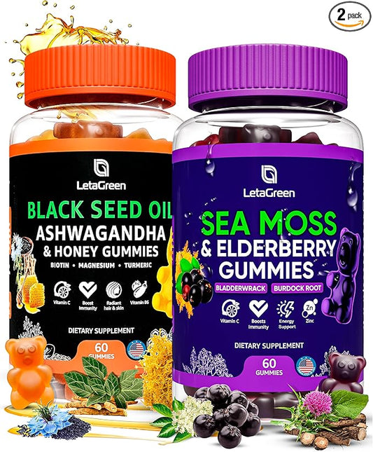 Irish Sea Moss and Black Seed Oil Gummies Bundle – 120 Vegan Gummies Bears - Elderberry for Kids & Adults - Nigella Sativa with Ashwagandha & Honey
