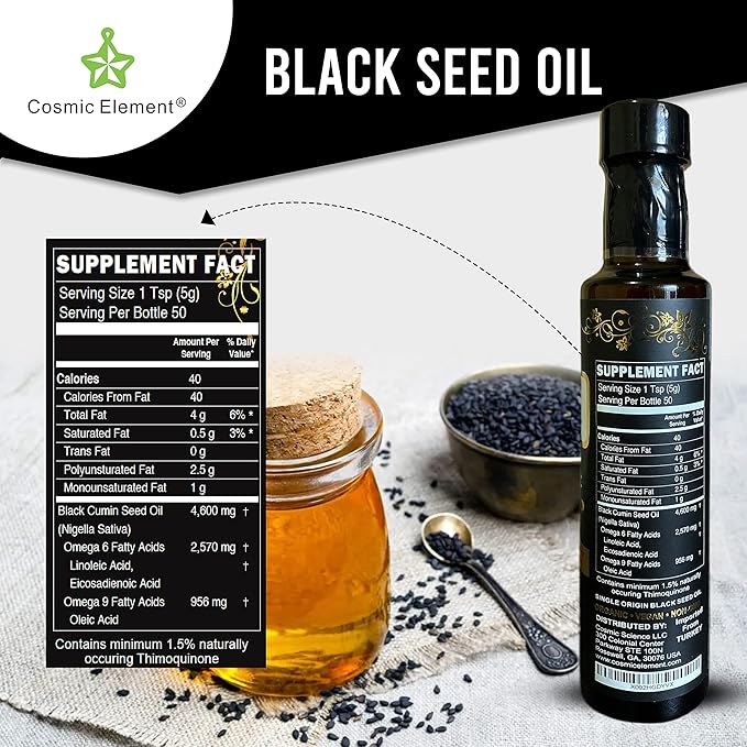 Cosmic Element Cold Pressed Black Seed Oil Organic - Omega 3 6 9 | Vegan Nigella Sativa Organic Black Cumin Seed Oil - Antioxidant for Immune Support, Joints, Digestion, Hair & Skin | 8.4 Fl Oz