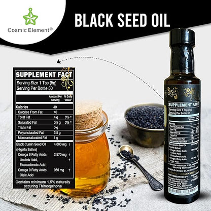 Cosmic Element Cold Pressed Black Seed Oil Organic - Omega 3 6 9 | Vegan Nigella Sativa Organic Black Cumin Seed Oil - Antioxidant for Immune Support, Joints, Digestion, Hair & Skin | 8.4 Fl Oz