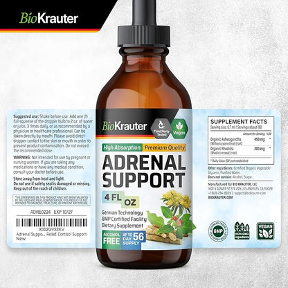 BIO KRAUTER Adrenal Support Tincture - Rhodiola & Ashwagandha Supplements - Vegan Mood Support Drops 4 Fl.Oz.