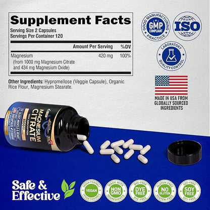Magnesium Citrate Capsules 1000mg | High Absorption Supplement - Sleep, Muscle & Heart Support - Vegan | Non-GMO - Made in USA - As Powder | Pills | Tablets - 240 Capsules, 4 Month Supply