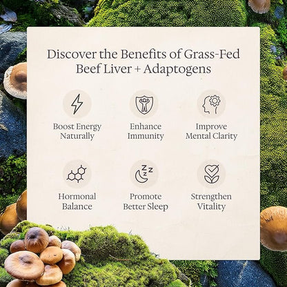 Enhanced Grass Fed Beef Liver with Reishi & Cordyceps Mushroom, Ginseng, Rhodiola - 4500mg Energy Production, Immune Support, Stress Relief, Total Body Wellness
