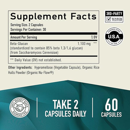 Beta Glucan Supplement 1100mg for Immunity, Skin & Gut Support | 1,3D & 1,6 Beta Glucans Extra Strength Formula | 85% Concentrated & Over 500mg Per Capsule | Non-GMO, Vegan, Gluten-Free 60ct