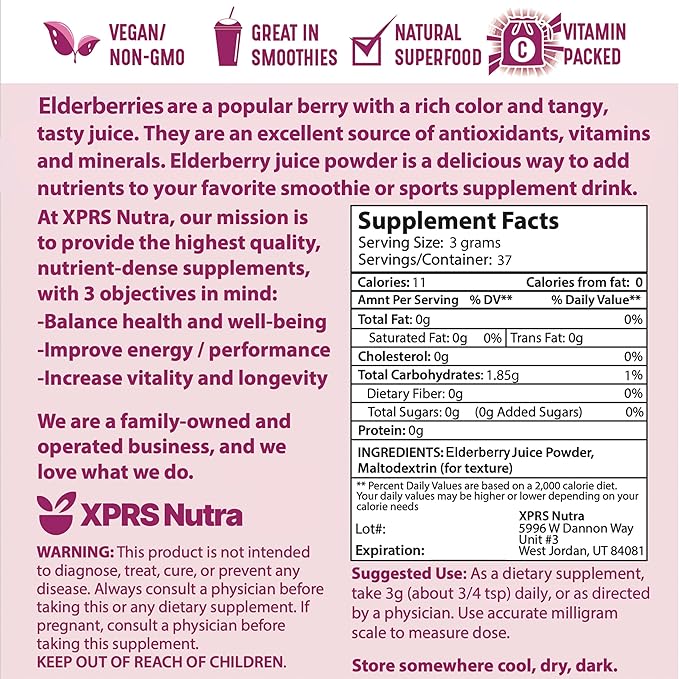 XPRS Nutra Elderberry Juice Powder - Elderberry Powder Organic Fruit Juice Mix - Powdered Elderberries Supplement Rich in Vitamins A and C (4 oz)