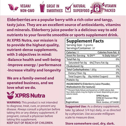 XPRS Nutra Elderberry Juice Powder - Elderberry Powder Organic Fruit Juice Mix - Powdered Elderberries Supplement Rich in Vitamins A and C (4 oz)