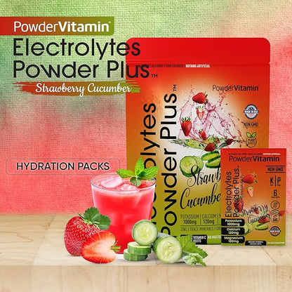Electrolytes Powder Plus, Keto, Strawberry Cucumber, Sugar Free, Pink Himalayan Salt, 1000mg Potassium, 120mg Calcium, 120mg Magnesium, Non-GMO, Zero Calories, (16 Hydration Packets)