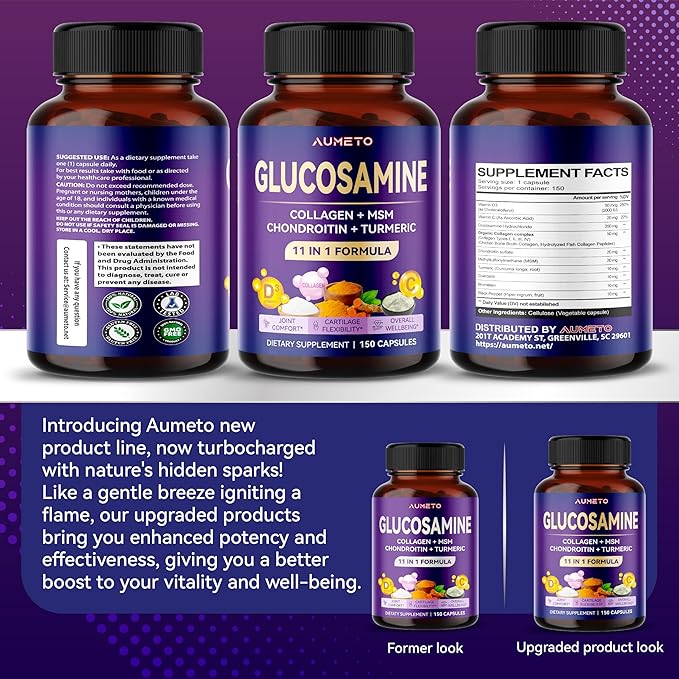 Glucosamine Enhanced Formula with MSM, Chondroitin, Turmeric, Collagen- for Joint Comfort, Cartilage Flexibility - Made in The US