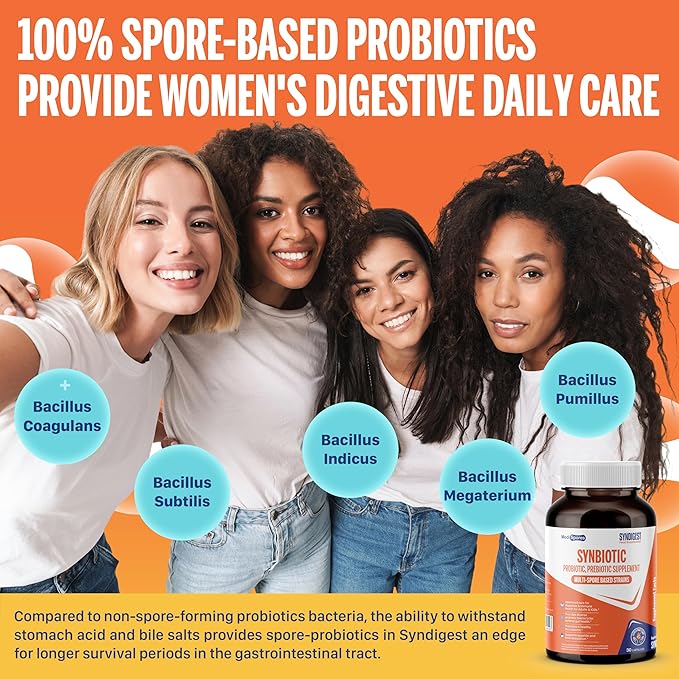 Syndigest probiotic daily care for women & men with dual benefit of 5 probiotic & prebiotic strains, balance gut health & relieves constipation, travel friendly, 30 capsules (2 billions CFU/serving)