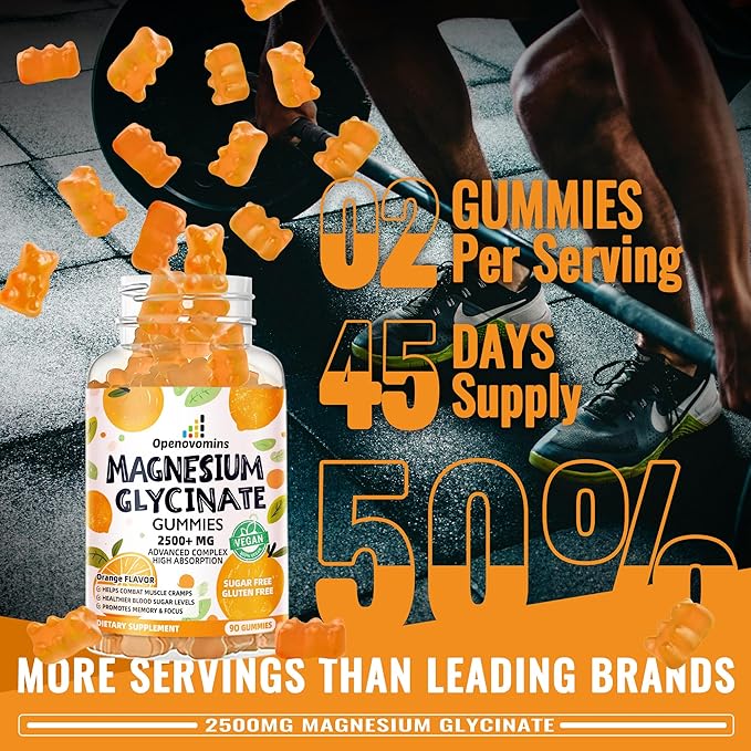Magnesium Glycinate Gummies- Sugar Free Magnesium Potassium Supplement with Vitamin D, B6, CoQ10 for Calm Mood & Sleep Support - 90 Orange Gummies