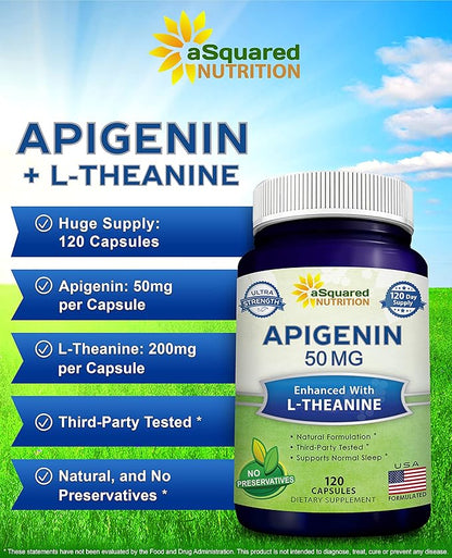 aSquared Nutrition Apigenin 50mg & L-Theanine 200mg - 120 Capsules - Apigenin Supplement Pills for Sleep and Relaxation - Natural Bioflavonoid Extract Found in Chamomile Tea