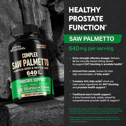 Saw Palmetto for Men 640mg - Pumpkin Seed | Nettle | Zinc & Pygeum - Prostate Health & Urinary Supplement - DHT Blocking & Hair Support - 45% Fatty Acids, Clinical Strength - Made in USA, 120 Capsules