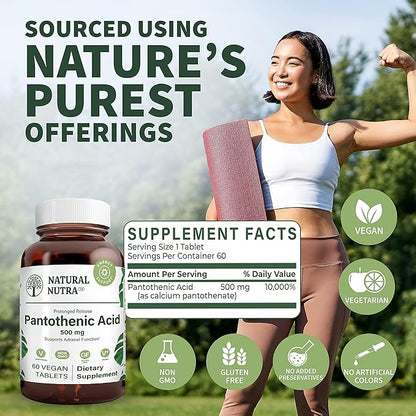 Natural Nutra Time Release Pantothenic Acid 500 mg, Vitamin B5 Supplement Helps Break Down Fat and Carbohydrates, Metabolism and Energy, Improve Muscle Health, 60 Vegetarian Tablets (2 Pack)