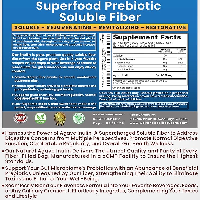 Organic Inulin Powder (16oz/1lbs) Gentle Agave Inulin Prebiotic Soluble Fiber Supplement for Digestive Support, Gut Health, Vegan Baking, Smoothies & Drinks
