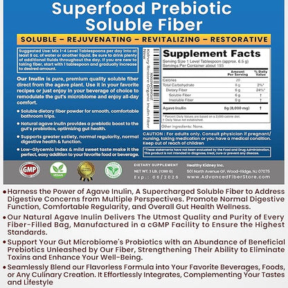 Organic Inulin Powder (16oz/1lbs) Gentle Agave Inulin Prebiotic Soluble Fiber Supplement for Digestive Support, Gut Health, Vegan Baking, Smoothies & Drinks