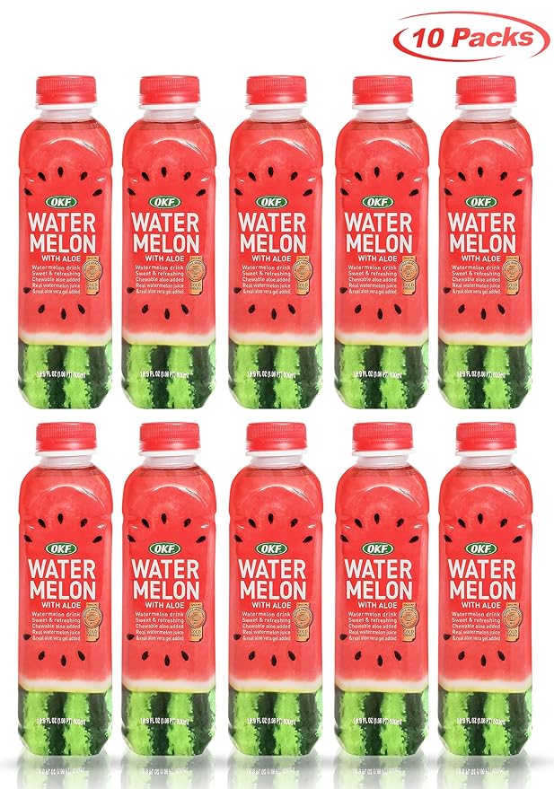 OKF Watermelon with Aloe Vera Drink, Sweet and Refreshing W/Chewable Aloe added. Real Watermelon Juice and Real Aloe Vera Gel Added, 16.9 Fluid Ounce (Pack OF 10)