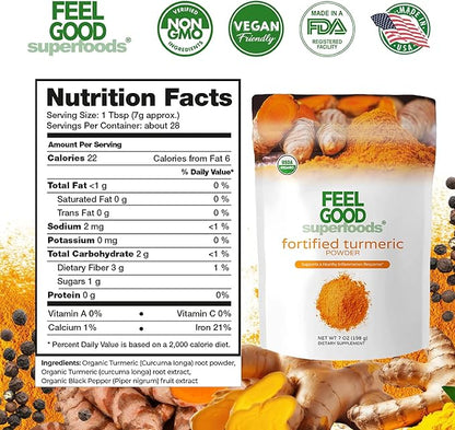 Feelgood Organic Superfoods Fortified Turmeric Powder with Curcumin and Black Pepper, 95% Curcuminoids, Vegan, Gluten Free, Non-GMO, Pure Ground Turmeric Root from India, 7 oz