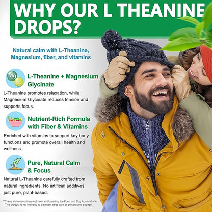 L Theanine Drops, Liquid L-Theanine Supplement 200mg w/Magnesium Glycinate,Vitamins,Fiber for Relaxation,Sleep,Digestion, Calm,High Absorption Mood Support for Adults & Kids,Plant Based,Non-GMO
