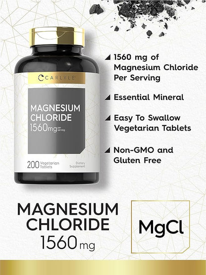 Carlyle - Magnesium Chloride | 1560mg | 200 Tablets | Cloruro de Magnesio Supplement | Vegetarian, Non-GMO, and Gluten Free Formula