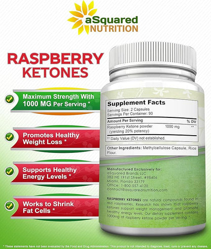 aSquared Nutrition Natural Raspberry Ketones 1000mg-180 Capsules-Weight Loss Supplement, Max Strength Plus Appetite Suppressant Diet Pills, Premium Lean Health Powder to Boost Pure Energy & Metabolism