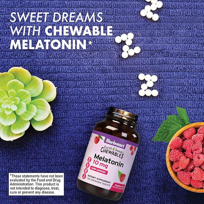 BlueBonnet Nutrition EarthSweet Melatonin 10 mg Fast-Acting Quick Dissolve Nighttime Relaxation & Restful Sleep Support - Sleep Aid - Gluten-Free, Vegan - Raspberry Flavor - 60 Chewable Tablets