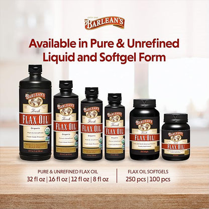 Barlean's Flaxseed Oil Softgels, Cold-Pressed Flax Seed Supplement with 1,650 mg ALA Omega-3 Fatty Acids, 1000mg, 250 ct