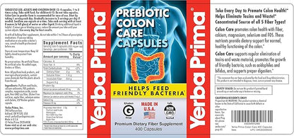 Yerba Prima Prebiotic Colon Care Capsules, 400 Caps - Five Forms of Fiber Plus FOS Pre-biotics - Dietary Health Supplement - Healthy Soluble & Insoluble Fibers for Regularity & Digestive Support
