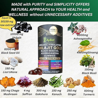 Organic Pure Himalayan Shilajit Gold Gummies for Men and Women, Black Seed Oil, Ashwagandha, Ginseng, Turmeric, Gokshura, Lion's None, Lab Tested,%75 Fulvic Acid, No Sugar Added, Halal, 90Gummy