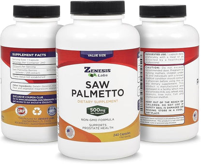 Zenesis Labs Saw Palmetto Extract - 240 Capsules - 500mg/capsule - 200% More Capsules Than Most Competitors