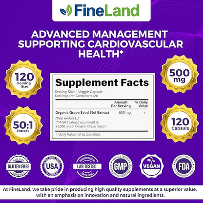 FineLand Grape Seed 50:1 Extract, Premium Max Strength, 25,000 mg Eq., Antioxidant Powerhouse, Heart Support, Immune Support, Grape Seed Extract Capsules 120, 4 Month Supply, 100% Vegan, All Natural