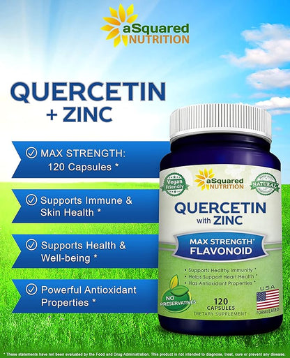 aSquared Nutrition Quercetin 1000mg with Zinc Supplement - 120 Capsules - Quercetin Dihydrate with Black Elderberry & Zinc - Max Strength Powder Complex Pills to Help Improve Immune Response