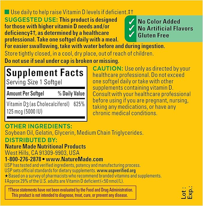 Nature Made Extra Strength Vitamin D3 5000 IU (125 mcg), Dietary Supplement for Bone, Teeth, Muscle and Immune Health Support, 90 Softgels, 90 Day Supply