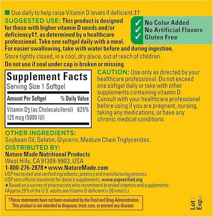 Nature Made Extra Strength Vitamin D3 5000 IU (125 mcg), Dietary Supplement for Bone, Teeth, Muscle and Immune Health Support, 90 Softgels, 90 Day Supply