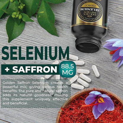 Golden Saffron Selenium (200mcg Selenium & 88.5 mg Saffron Extract) - to Support Overall Health, Non-GMO, Gluten Free, Dairy Free, with Unique and Advanced Formula – Made in USA & Tasteless.