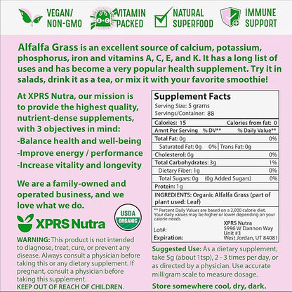 XPRS Nutra Organic Alfalfa Powder - Premium Vegan Supplement Rich in Calcium, Antioxidants, Vitamins - Farmer Supplement for Kids and Adults - Vegan Friendly Alfalfa Leaf (16 Ounce)