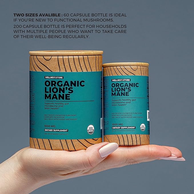 Lions Mane Mushroom Organic Supplement (Hericium Extract) 200 Veggie Caps - Immune Support Supplement; Improve Cognitive Function + Promote Vitality, Protect Nerve Cells