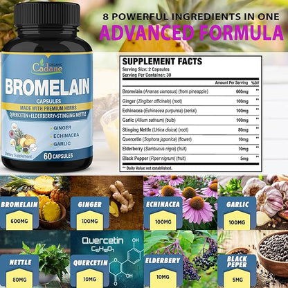 Organic Cadane 2 Packs 60caps of Bromelain Supplement Capsules, with Quercetin, Elderberry, Ginger, Echinacea, Garlic, Black Pepper, 2 Months Supply