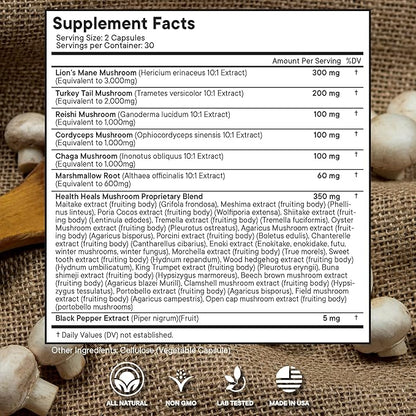Mushroom Supplement with Lion's Mane Turkey Tail Reishi Cordyceps Chaga Marshmallow Root - 60 Count