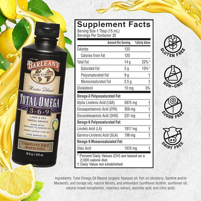 Barlean's Total Omega 3 6 9 Liquid Fish Oil Supplement with Borage and Flaxseed Oil 6,468 mg of Omegas EPA, DHA, ALA, and GLA for Joint and Heart Health, 16 oz