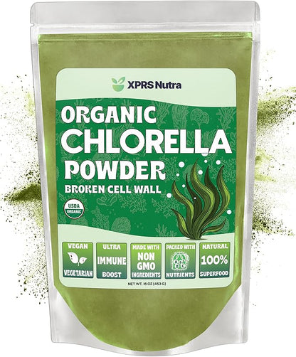 XPRS Nutra Organic Chlorella Powder - Broken Cell Wall Chlorophyll Powder - Chlorella Organic Powder for Immunity - Vegan Friendly Chlorella Powder Organic for Complete Protein (16 Ounce)