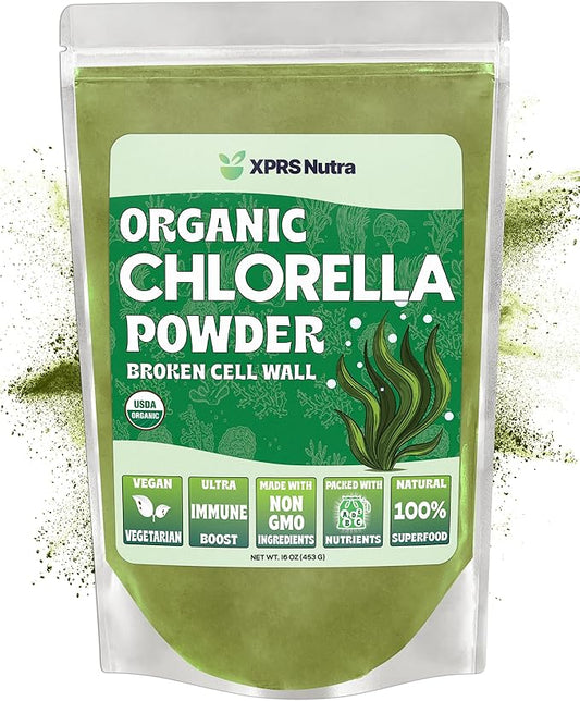 XPRS Nutra Organic Chlorella Powder - Broken Cell Wall Chlorophyll Powder - Chlorella Organic Powder for Immunity - Vegan Friendly Chlorella Powder Organic for Complete Protein (16 Ounce)