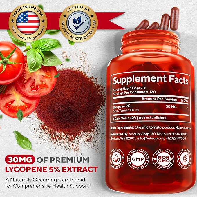 Lycopene Supplements for Men 30 mg - USA Made - Prostate Supplements for Men - Lycopene Supplement for Prostate, Skin & Antioxidant Support - 120 Count