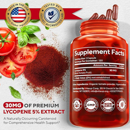 Lycopene Supplements for Men 30 mg - USA Made - Prostate Supplements for Men - Lycopene Supplement for Prostate, Skin & Antioxidant Support - 120 Count