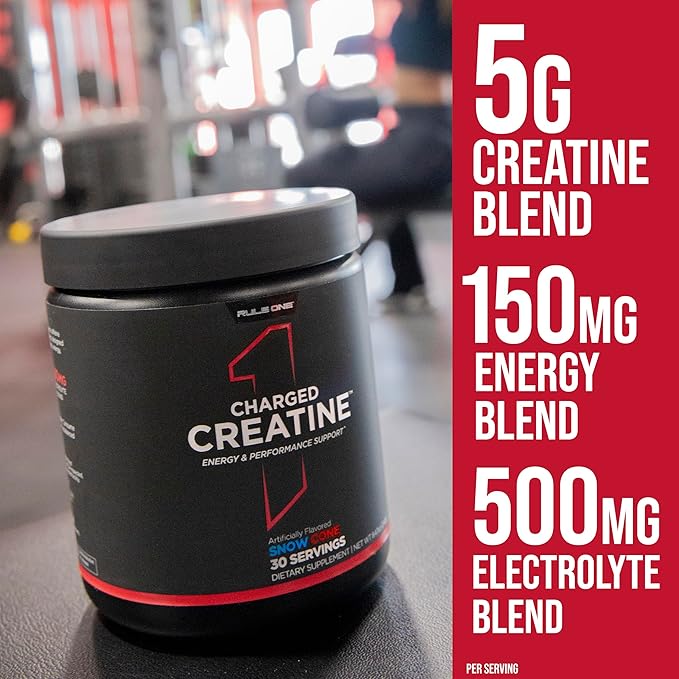 Rule 1 Charged Creatine - Multi-Function Workout Supplement with Creatine, Electrolyte, and Energy Blends for Intensity, Performance, & Hydration Support (30 Servings, Sour Candy)