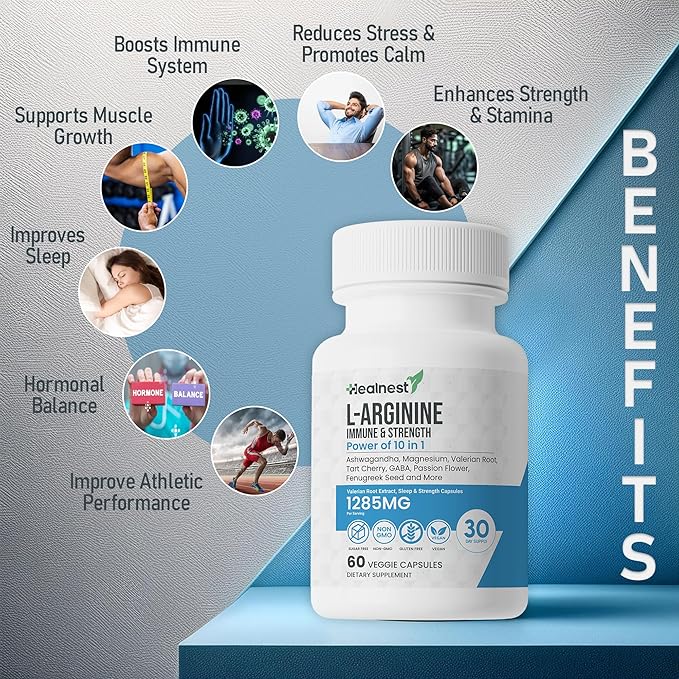 L-Arginine Capsules - 1285MG Blend of Ashwagandha, L-Theanine, Magnesium, GABA, Zinc & Tart Cherry – Muscle Recovery, Sleep & Mood Support – Non-GMO, Gluten-Free, 60 Veggie Capsules For Men And Women