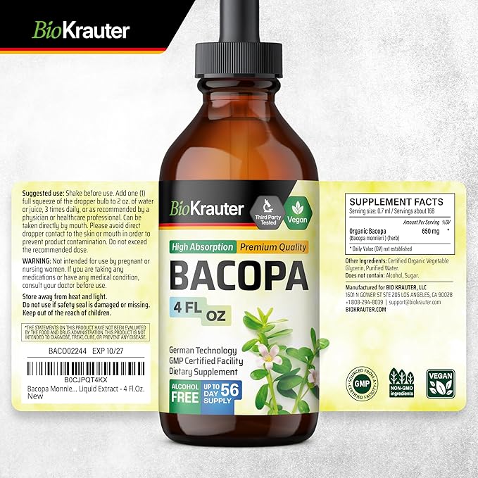 BIO KRAUTER Rhodiola Rosea Tincture 4 Fl. Oz. & Bacopa Tincture 4 Fl. Oz.